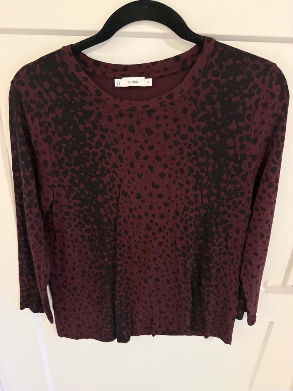 Vince Leopard Print Crew Wysteria Burgundy Black Long Sleeve Top Size M